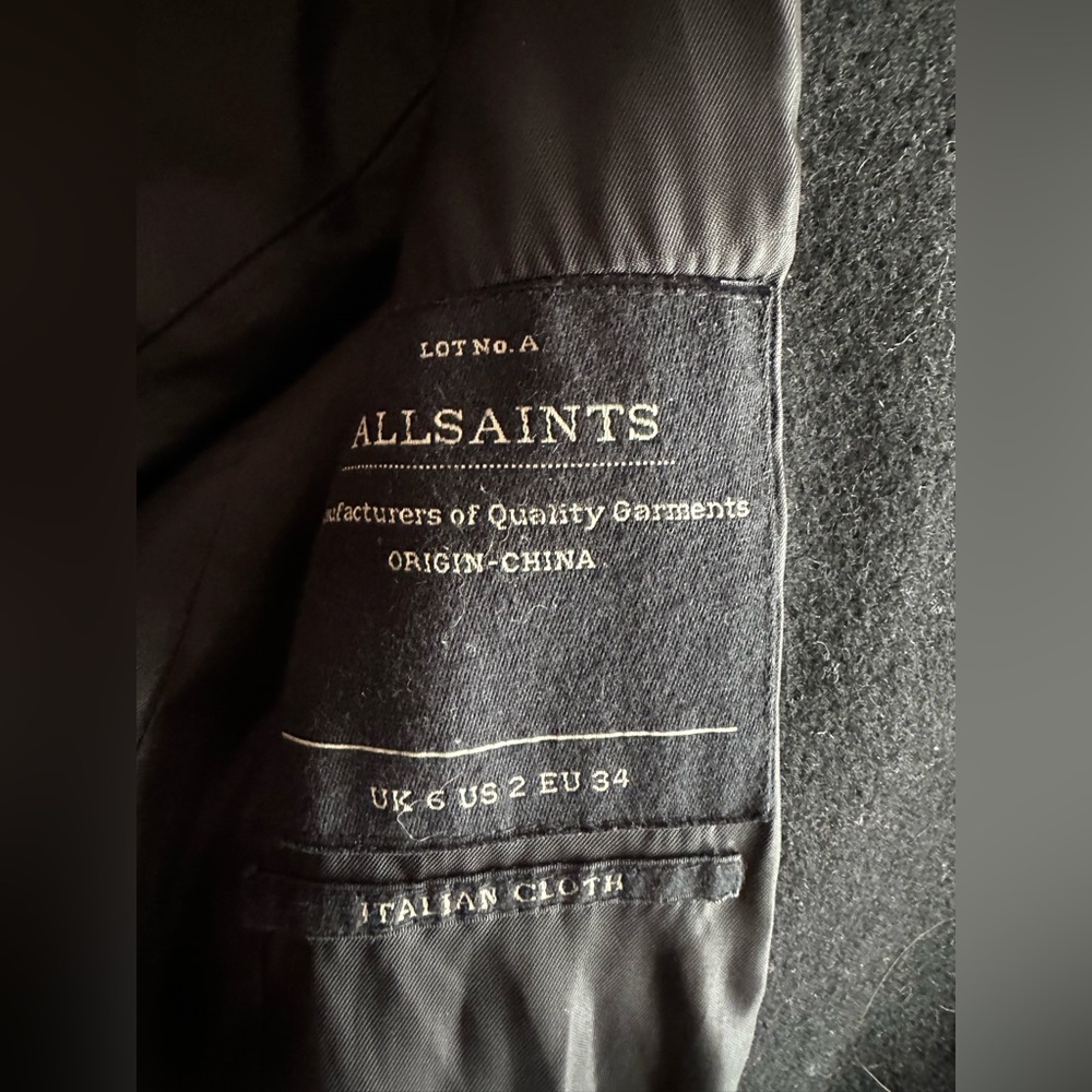 AllSaints Onix Pony Black Wool Coat Tailored Straight Coat Leather Trim Size 2 - Picture 8 of 14